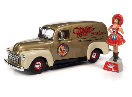 1951 GMC デリバリートラック Miller High Life レジン製Miller Girlフィギュア付き、ゴールド/ AutoWorld 1/24 ミニカー