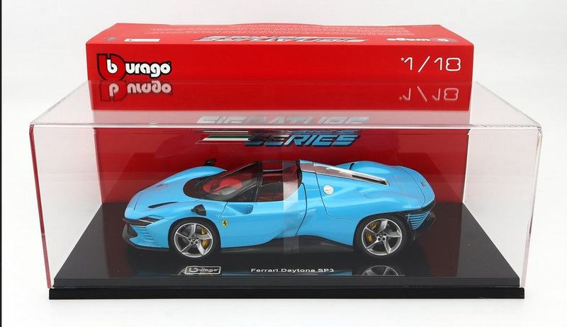ギャラリービューアに画像をロードする, FERRARIフェラーリ DAYTONA SP3 2021 ブルー オープン クローズ着脱式ルーフパーツ付属 ショーケース付き 海外限定 /BURAGO 1/18 ミニカー