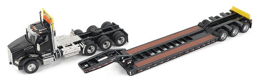 Kenworth T880 SBFA デイキャブ 3軸トラクター (ブラック) & Trail King TK120 HDG ローボーイトレーラー 掘削機 / Diecast Masters 1/50 建設機械模型 工事車両