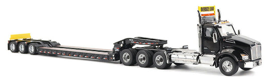 Kenworth T880 SBFA デイキャブ 3軸トラクター (ブラック) & Trail King TK120 HDG ローボーイトレーラー 掘削機 / Diecast Masters 1/50 建設機械模型 工事車両