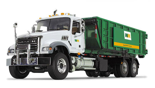 廃棄物管理 - Mack Granite MP リブ付きロールオフコンテナ & 大型看板付 トラック / First Gear 1/34 建設機械模型 工事車両