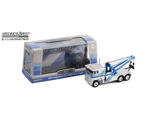 1984 Freightliner FLA 9664 レッカー車、シルバー/ブルー/ Greenlight 1/43 ミニカー