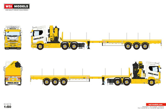 Mediaco Scania R Normal CR20N フラットベッドセミトレーラー Palfinger PK65002SH JIB / WSI 1/50 建設機械模型 工事車両