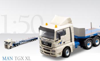 ギャラリービューアに画像をロードする, MAN TGX トラクタ 3軸 + Goldhoferゴールドフォファー 伸縮式セミトレーラー SPZ DL4 4軸 VOSS 70140/0 /CONRADコンラート建設機械 工事車両 1/50 ミニチュア 重機