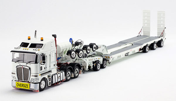 ギャラリービューアに画像をロードする, Kenworth K200 Prime Mover ホワイト レッドシャーシ Drakeトレーラー 2x8 Dolly + 3x8 Swingwing in White /DRAKE 1/50 模型