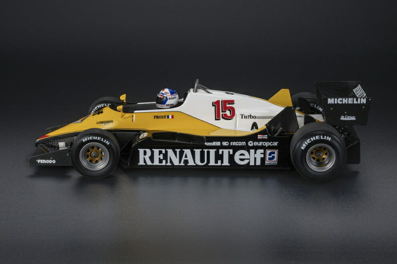 ギャラリービューアに画像をロードする, RENAULT F1 RE40 N15 優勝 フランスGP 1983 A.プロスト パイロットフィギュア/ケース付 ブラック イエロー ホワイト/ GP Replicas 1/18 ミニカー