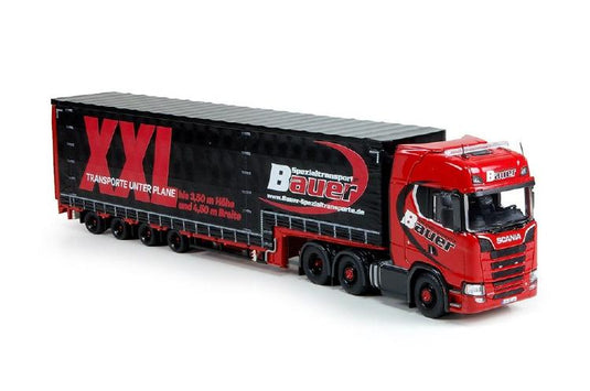 Bauer Spezialtransporte Scaniaスカニア S-Serie Highline with 4軸 Meusburgerトレーラー 建設機械模型 工事車両TEKNO 1/50 ミニチュア