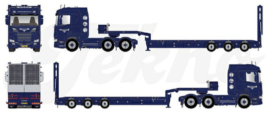 【予約】12月以降発売予定Scania Next Gen GRRR-V8 R-serie met -assige dieplader. Speciale onderdelen: achterwand, slangenrek, oprijplaten en zijafscherming. TEKNO 1/50 建設機械 模型ミニカー  はたらく車重機 トラック トレーラー