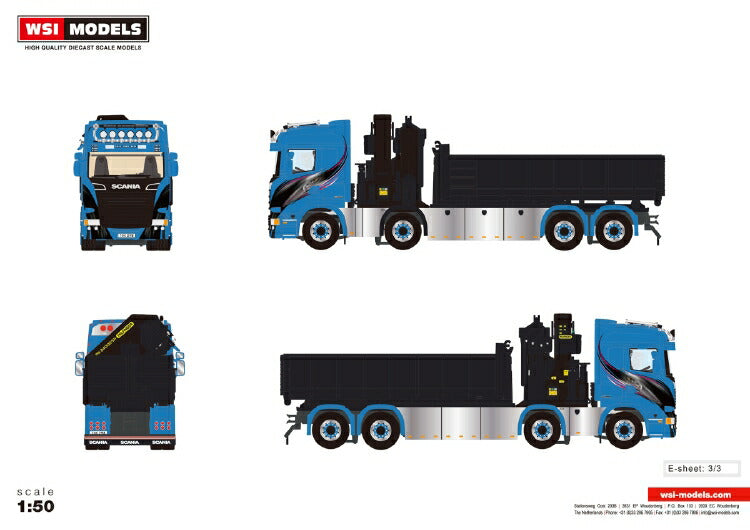 ギャラリービューアに画像をロードする, Blue Shine SCANIA STREAMLINE HIGHLINE 8x2 TAG AXLE PALFINGER 7400.2 + HOOK LIFT CONTAINER 15m3 トラック /建設機械模型 工事車両 WSI 1/50 ミニチュア