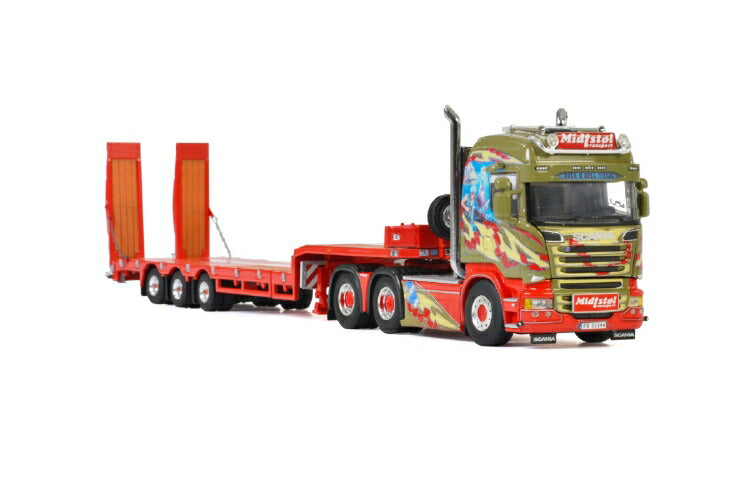 ギャラリービューアに画像をロードする, Midstol; SCANIAスカニア STREAMLINE HIGHLINE 6x4 低床セミ - 3軸 + RAMPSトレーラー /建設機械模型 工事車両 WSI 1/50 ミニチュア