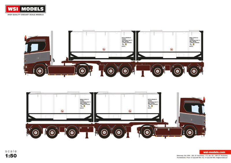 ギャラリービューアに画像をロードする, 【予約】3-5月以降発売予定ROLING SCANIA S NORMAL CS20N 4X2 2CONNECT COMBI TRAILER 2+3軸 2X 20フィートコンテナ 5軸 トラック トラクタヘッド/WSI 建設機械模型 工事車両 1/50 ミニカー