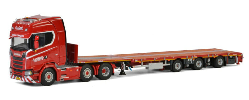 ギャラリービューアに画像をロードする, KNT Red Line Noteboom SCANIA S HIGHLINE CS20H 6x2 MEGATRAILER FLATBED - 3軸 トラックトレーラー /建設機械模型 工事車両 WSI 1/50 ミニチュア