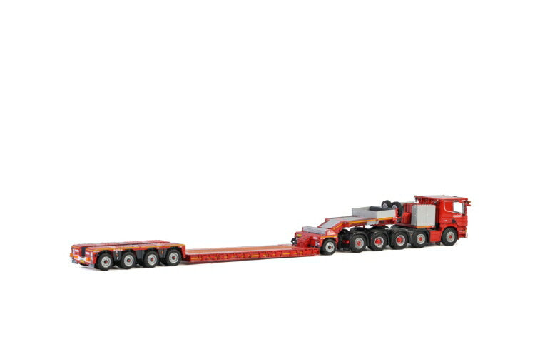 ギャラリービューアに画像をロードする, KNT Red Line; SCANIAスカニア P6 FLAT ROOF 10x4 低床 4軸 + DOLLY 1 AXLEトレーラー /建設機械模型 工事車両 WSI 1/50 ミニチュア