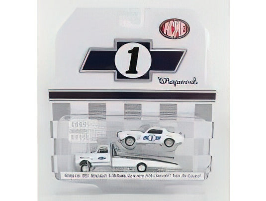 CHEVROLET C-30 TRUCK RAMP CAR TRANSPORTER 1967 WITH CAMARO TRANS AM N 1 COUPE 1970 WHITE BLUE/ACME 1/64ミニカー