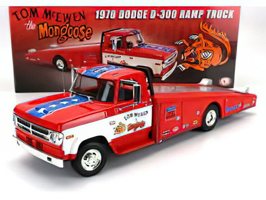 DODGE D-300 TRUCK RAMP CAR TRANSPORTER MONGOOSE RACING 1970 RED WHITE/ACME 1/18ミニカー