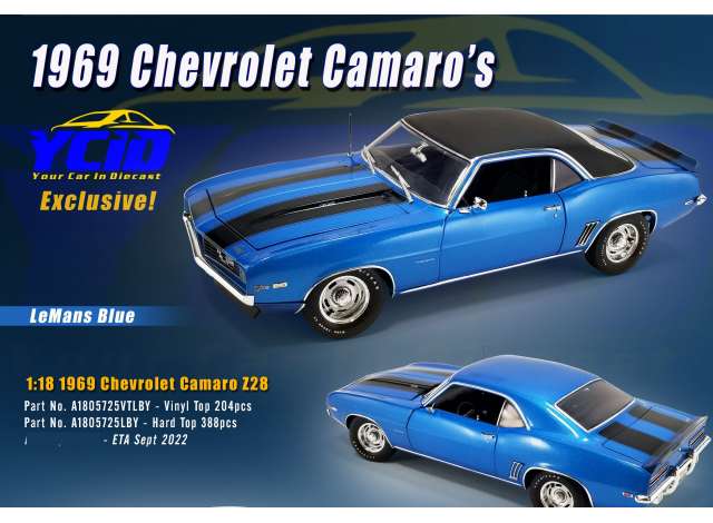 1969 シボレー カマロ Z28 ルマンブルー ブラックストライプ ビニールルーフトップ/ ACME  1/18 ミニカー
