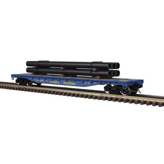 アラスカ鉄道 52'6" フラットカー パイプ積載 3線式 完成品 (ブルー/イエロー) / Atlas Oゲージ 鉄道模型 外国鉄道