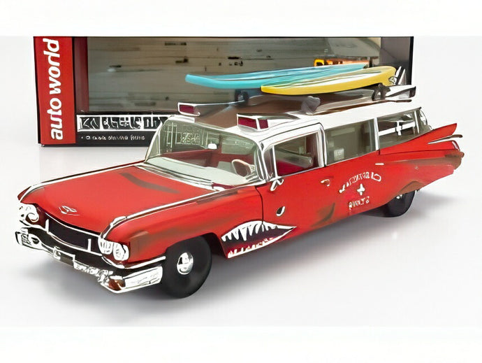 CADILLAC エルドラド 救急車 シャークグラフィックス サーフボード 1959 レッドホワイト/ AUTOWORLD 1/18 ミニカー