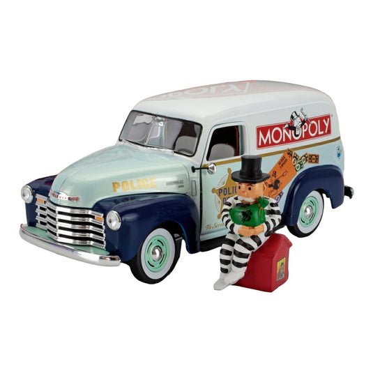 【予約】 Chevroletシボレー 1948 パネルデリバリー ポリス モノポリーフィギュア付き ライトブルー/ダークブルー TVシリーズ / AutoWorld 1/18 ミニカー