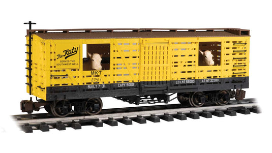 ミズーリ・カンザス・テキサス鉄道 家畜車 (牛付き・アニメーション付) 完成品 イエロー/ブラック / Bachmann Gゲージ 鉄道模型 外国鉄道