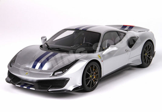 【予約】Ferrariフェラーリ 488 Pista metal diecast full open Argento Nurburgring stripe blue / BBR 1/18 ミニカー