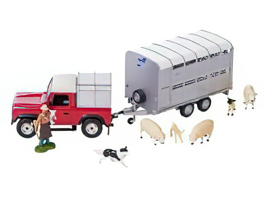 LAND ROVER - LAND DEFENDER 90 PICK-UP CLOSED 1984 WITH LIVESTOCK TRAILER - TRASPORTO ANIMALI BESTIAME - RED SILVER/ BRITAINS 1/32  模型