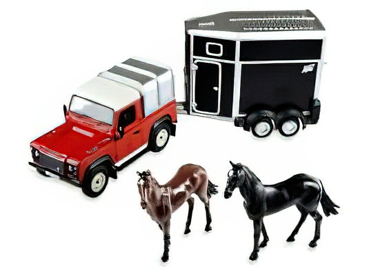 LAND ROVER - LAND DEFENDER 90 PICK-UP CLOSED 1984 WITH HORSE TRAILER - TRASPORTO CAVALLI - RED SILVER BLACK/ BRITAINS 1/32  模型