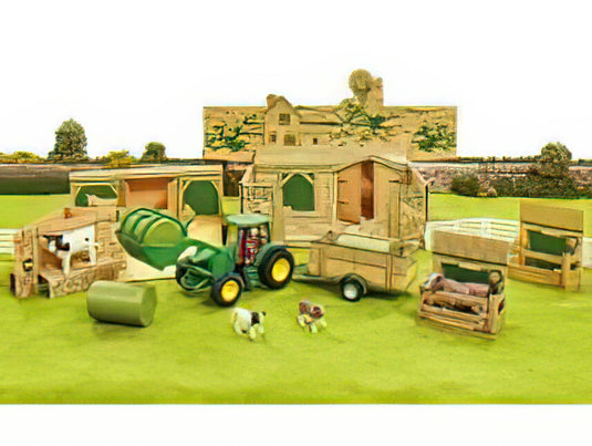 ACCESSORIES - DIORAMA FARM BUILDING WITH TRACTOR JOHN DEERE AND TRAILER - GREEN YELLOW/ BRITAINS 1/32  模型