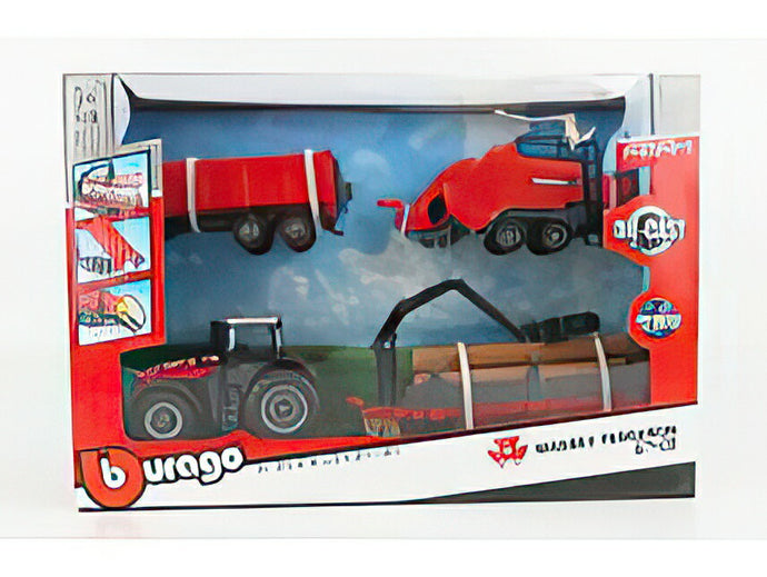 MASSEY FERGUSON 8740S TRACTOR WITH BALER LIFTER + TIPPING TRAILER + TREE FORWARDER 2016 RED/Bburago 1/50ミニカー 農業機械