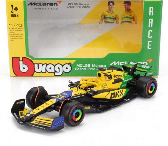 McLAREN F1 MCL38 チーム マクラーレン N 81 モナコGP 2位 (セナ 30周年) 2024 O.ピアストリ イエロー グリーン ブラック/ Bburago 1/43 模型