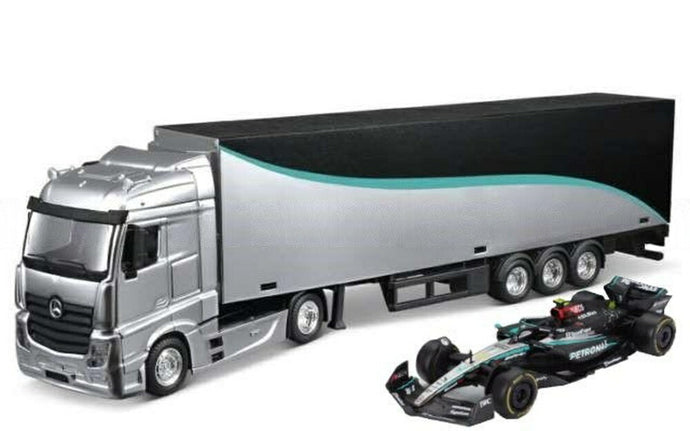 【予約】MERCEDES BENZ アクトロス 2 トランスポーター & F1 W14 N 63 2023 G.ラッセル セット シルバー ブラック/ Bburago 1/43 ミニカー