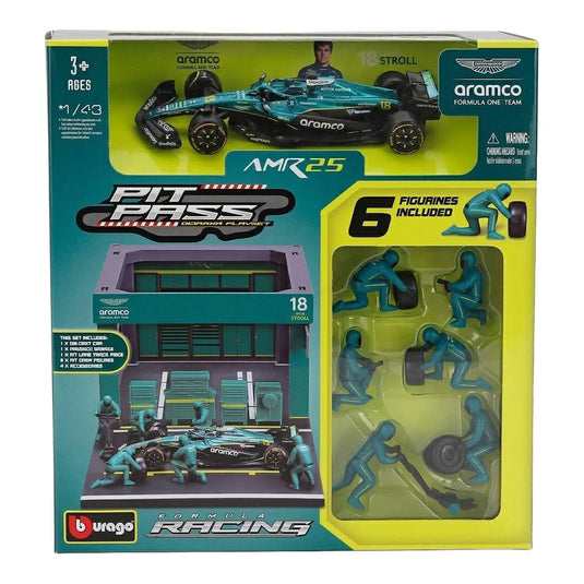 ASTON MARTIN- F1  AMR25 DIORAMA GARAGE PIT-STOP TEAM ARAMCO COGNIZANT N 18 SEASON 2025 LANCE STROLL WITH CREW