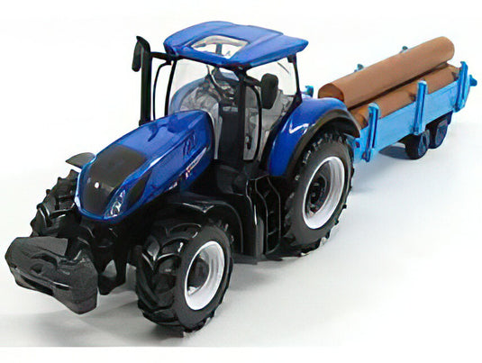 NEW HOLLAND T7HD TRACTOR WITH TRAILER TRUNK TRANSPORT TRASPORTO TRONCHI BLUE/Bburago 1/32ミニカー