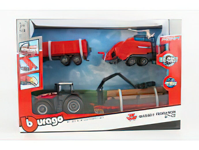 MASSEY FERGUSON - 8740S TRACTOR WITH BALER LIFTER + TIPPING TRAILER + TREE FORWARDER 2016 - RED/BBURAGOブラゴ 1/50ミニカー