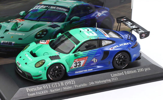 【予約】PORSCHE 911 992 GT3 R チームFALKEN MOTORSPORTS N33 ニュルブルクリンク24時間 2023 アレッシオ・ピカリエッロ クラウスバッハラー スヴェン・ミューラー グリーンブルー 200台限定/ MINICHAMPS 1/43 ミニカー