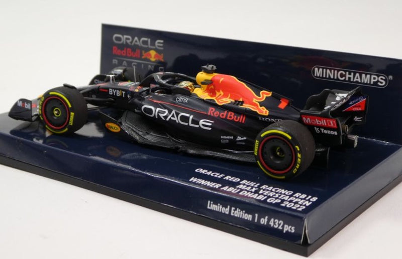 ギャラリービューアに画像をロードする, RED BULL F1  RB18 TEAM ORACLE RED BULL RACING N 1 WINNER ABU DHABI GP WORLD CHAMPION 2022 MAX VERSTAPPEN - MATT BLUE YELLOW RED /Minichamps 1/43 ミニカー
