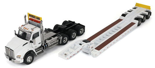 Kenworth T880 SBFA デイキャブ 3軸トラクター (ホワイト) & Trail King TK120 HDG ローボーイトレーラー トラクタ   / Diecast Masters 1/50 建設機械模型 工事車両