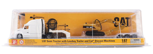Peterbilt 579 White with Lowboy Trailerトレーラー and Caterpillarキャタピラー / Diecast Masters 1/87 建設機械 模型