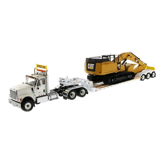 インターナショナル HX520 タンデムトラクター XL ローボーイ CAT 349F L ジープ ホワイト / Diecast Masters 1/50 ミニカー 建設機械模型 工事車両