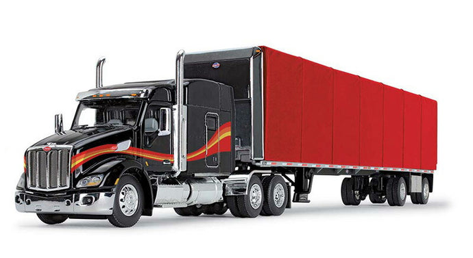 Peterbilt Model 579 & 53ft Utility Roll Tarp Trailer  ブラック/レッド  トレーラー / DCP 1/64 建設機械模型 工事車両