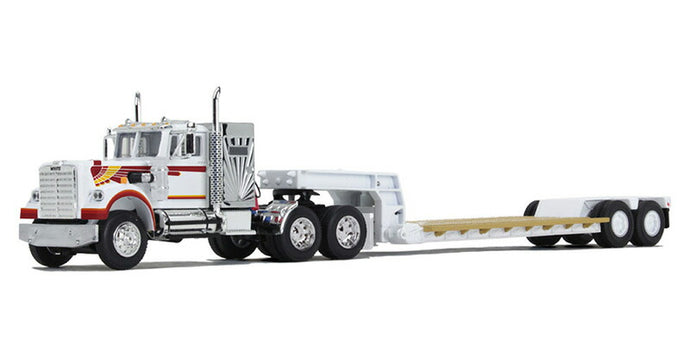 White Western Star 4900 & Rogers Vintage Lowboy Trailer  ホワイト/オレンジ  トレーラー / DCP 1/64 建設機械模型 工事車両