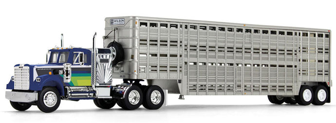 White Western Star 4900 & 45ft Wilson Vintage Livestock Trailer  ブルー/グリーンストライプ  トレーラー / DCP 1/64 建設機械模型 工事車両