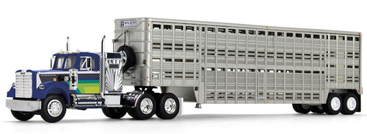 White Western Star 4900 & 45ft Wilson Vintage Livestock Trailer  ブルー/グリーンストライプ  トレーラー / DCP 1/64 建設機械模型 工事車両