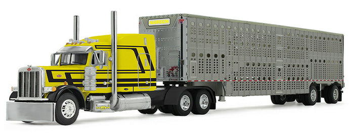 Harrison Trucking Peterbilt Model 379 63インチ ミッドルーフ スリーパー Wilson Silverstar ライブストック トレーラー DCP by First Gear / 1/64 建設機械模型 工事車両