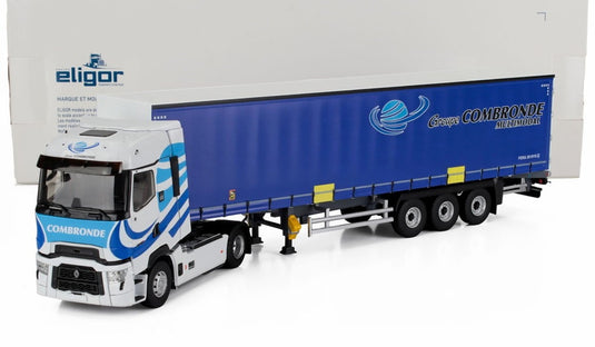 RENAULT T HIGH TRUCK TELONATO COMBRONDE TRANSPORTS 2023 ホワイト/ブルー/ ELIGOR 1/43 ミニカー