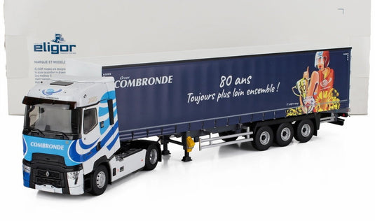 RENAULT T HIGH TRUCK TELONATO COMBRONDE TRANSPORTS 2025 80 ANS TOUJOURS PLUS LOIN ENSEMBLE ホワイト/ブルー/ ELIGOR 1/43 ミニカー