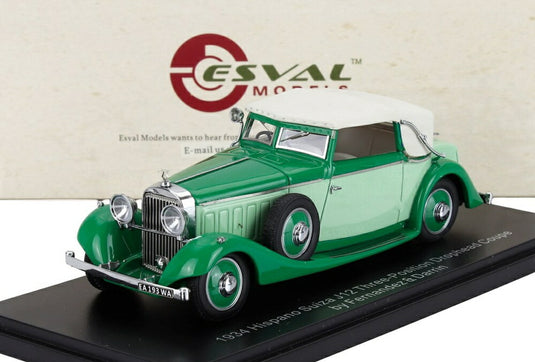 HISPANO SUIZA J12 ドロップヘッド コンバーチブル スリーポジション クローズド by Fernandez & Darrin 1934 ツートン グリーンホワイト / ESVAL 1/43 ミニカー