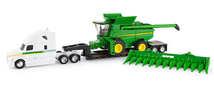 John Deere S780 コンバイン、Freightliner Cascadia セミトラック、ローボーイトレーラーセット / ERTL 1/64 農業機械模型