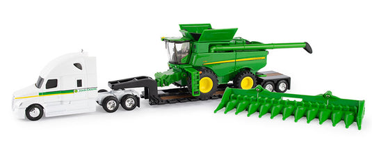 John Deere S780 コンバイン、Freightliner Cascadia セミトラック、ローボーイトレーラーセット / ERTL 1/64 農業機械模型