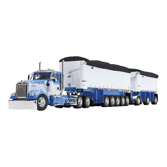 ケンワース Kenworth W900L ミシガン 31フィート＆20フィート ダンプトレーラー ブルーホワイト / FIRST GEAR 1/64 ミニカー トラック模型